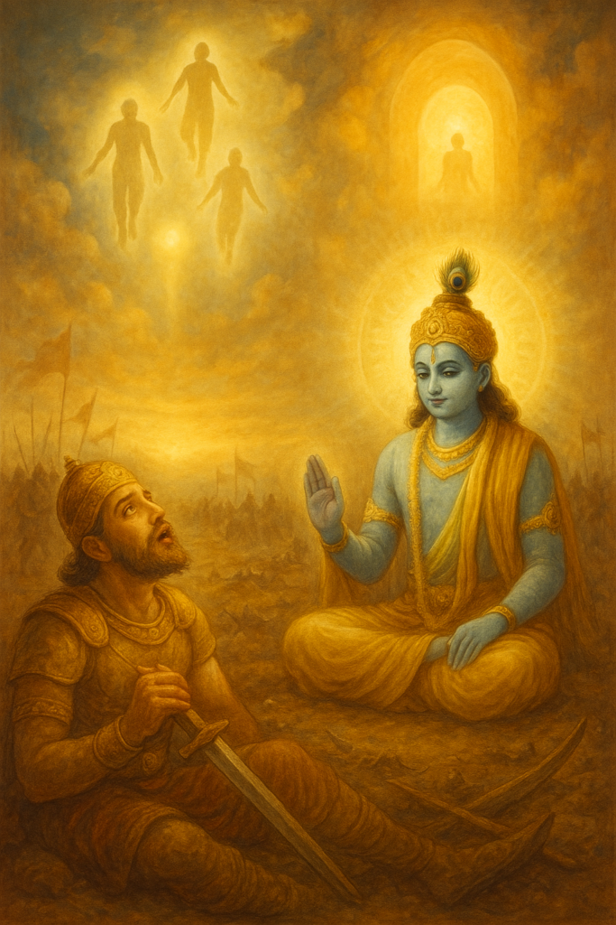 A dying warrior looks upward as Krishna explains the eternal Brahman