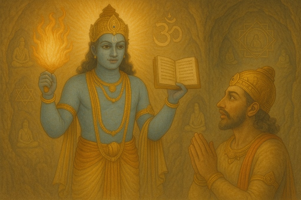 Divine Krishna revealing his cosmic form briefly