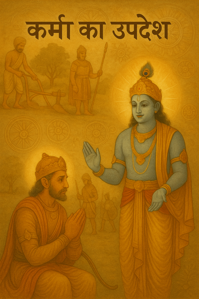 Krishna explaining karma to Arjuna