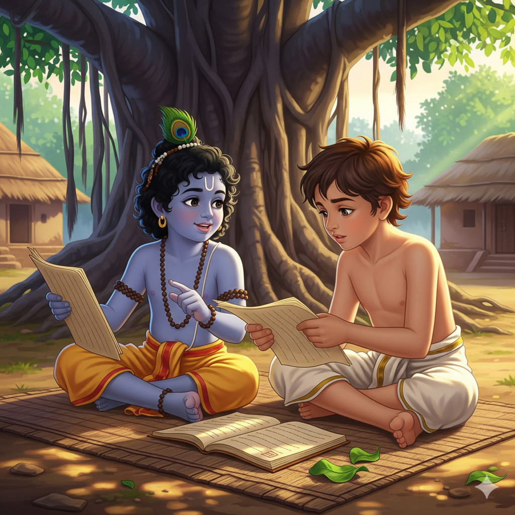 सुदामा और कृष्ण गुरुकुल में शिक्षा ग्रहण करते हुए